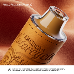 A close-up of a stylish vape device with a leather-textured design embossed with "America Motorcycle," featuring a sleek glass mouthpiece and a warm brown background.