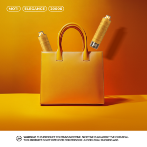 En orange handväska med två orange vaping-enheter märkta "MOTI Elegance 20000" placerade mot en orange bakgrund.