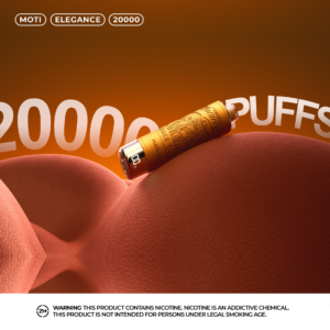 En orange vaping-enhet märkt "MOTI Elegance 20000" vilar på en texturerad orange yta med texten "20000 PUFFS" i bakgrunden, tillsammans med en nikotinvarning längst ned.