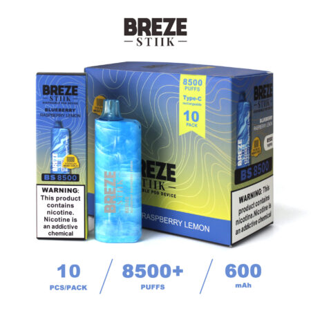 Bild eines Breze Stiik Einweg-Dampfgeräts und einer Verpackung mit Blaubeer-Himbeer-Zitronen-Geschmack, beschriftet mit 8500+ Zügen, wiederaufladbar Typ-C und mit Nikotinwarnungen.