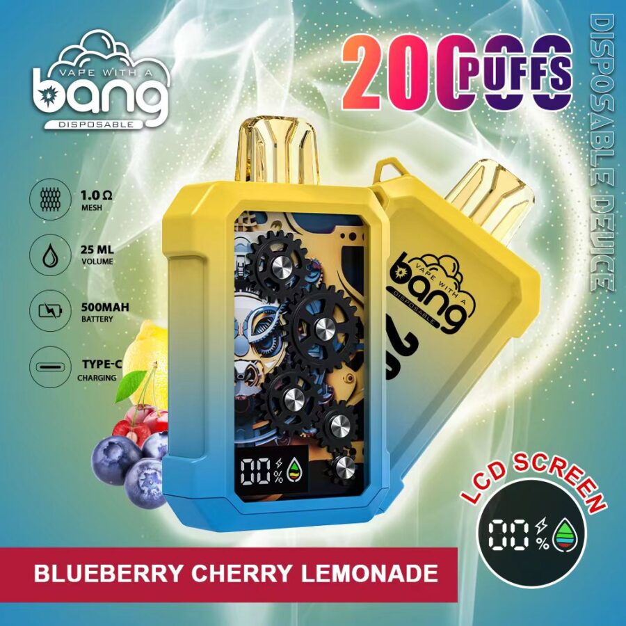 Dispositivo per svapare con marchio "Vape with a Bang", con capacità di 20.000 tiri, mesh da 1,0Ω, volume di 25 ml, batteria da 500 mAh, ricarica di tipo C, schermo LCD che mostra i livelli della batteria e del liquido e aroma di limonata al mirtillo e ciliegia.
