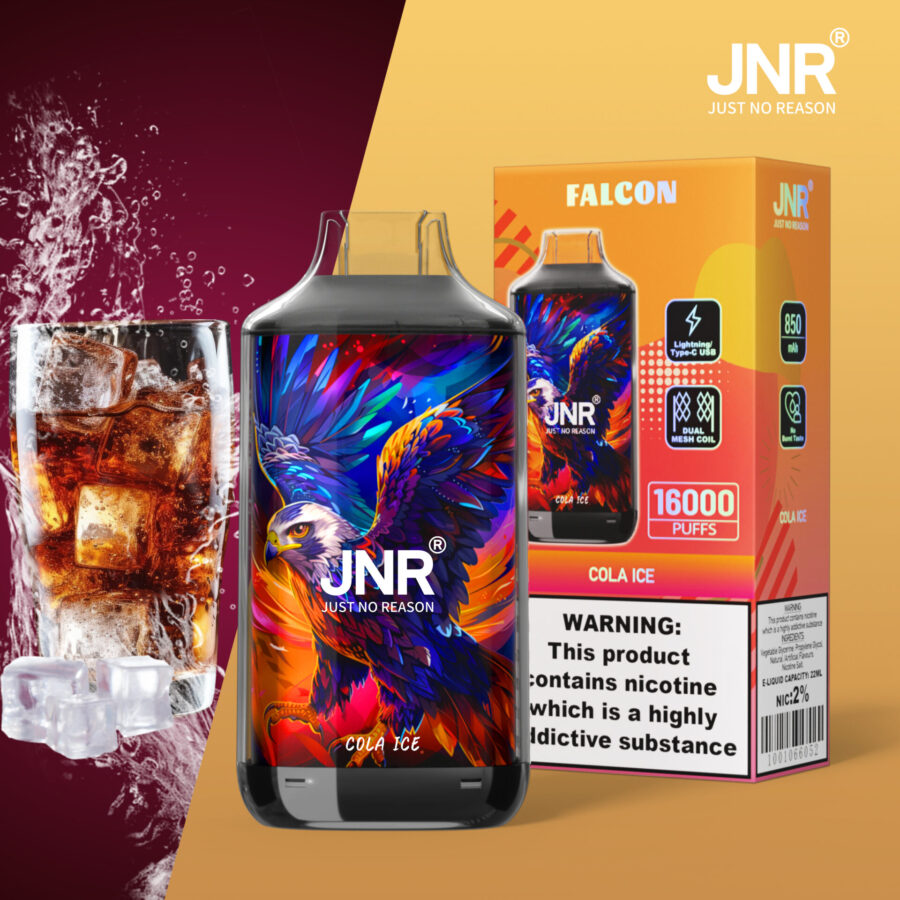 JNR Falcon Cola Ice Vape-Verpackung mit lebhaftem Adler-Design, 16.000 Puffs, Nikotin-Warnung und Typ-C-Aufladung