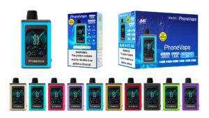 Eine Kollektion von PhoneVape-Geräten in verschiedenen Farben, mit Verpackungen für die Geschmacksrichtungen Miami Mint und Blue Razz Ice, mit digitaler Anzeige und Knöpfen auf dem Verdampferkörper. Die Verpackung enthält einen Warnhinweis auf Nikotin.