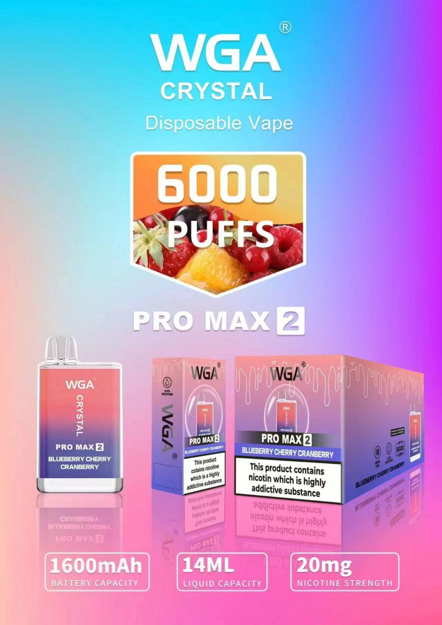 WGA Crystal Pro Max 2 vape jetable, 6000 bouffées, saveur myrtille cerise canneberge, avec batterie 1600mAh, capacité de 14ml de liquide, et 20mg de nicotine.