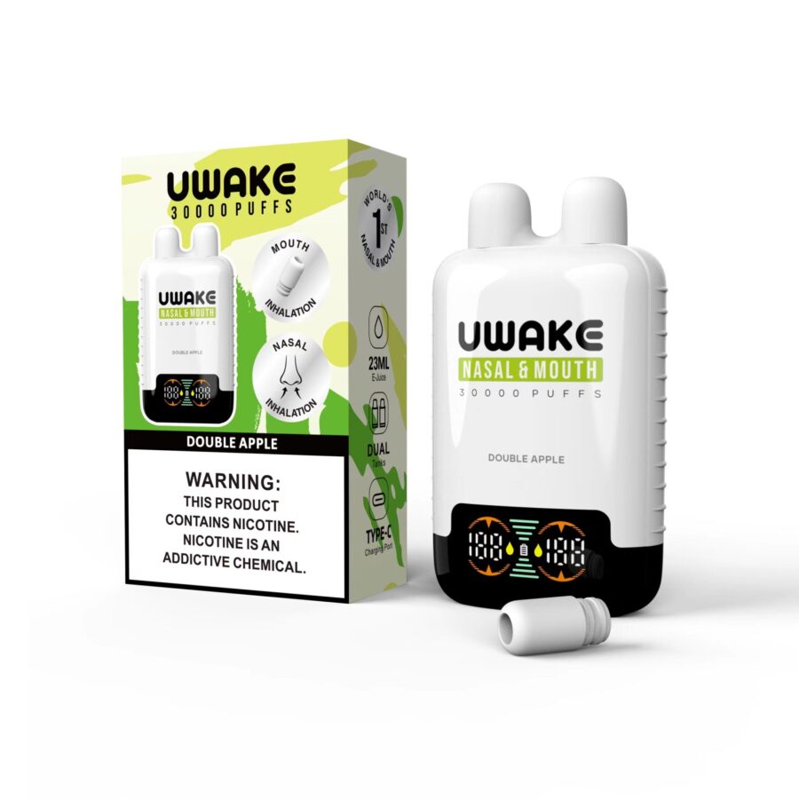 Uwake nasal- och muninhalator och förpackning med smaken "Double Apple". Förpackningen innehåller en varning om nikotininnehåll och information om produktens egenskaper, inklusive 30000 puffar, en e-juice-kapacitet på 23 ml och en typ C-laddningsport.