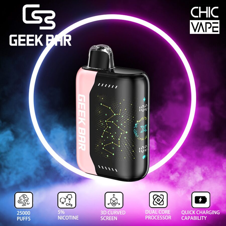 Dispositivo di svapo Geek Bar con 25000 puff, nicotina 5%, schermo curvo 3D, processore dual core e capacità di ricarica rapida su uno sfondo illuminato al neon.
