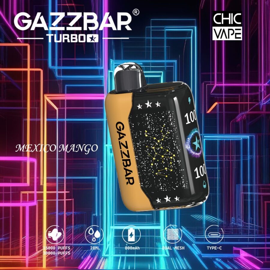 GAZZBAR Turbo Vape-Gerät mit Mexico Mango Geschmack, mit einem schwarzen und orangefarbenen Design, Stern-Muster, 800mAh Batterie, 28mL Kapazität und Typ-C Aufladung.