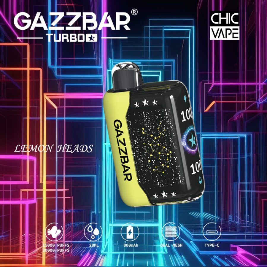 Ein Gazzbar Turbo Vape-Gerät mit "Lemon Heads"-Geschmack, mit einem schwarz-gelben Design mit Sternengrafik und Spezifikationen wie 15.000 Puffs, 28mL Kapazität, 800mAh Batterie, Dual Mesh Coil und Typ-C Ladeanschluss.