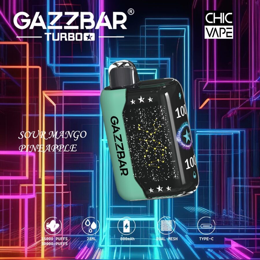Ein GAZZBAR Turbo Vape in saurem Mango-Ananas-Geschmack mit 15.000 bis 30.000 Zügen, 28mL Fassungsvermögen, 800mAh Akku, Dual Mesh Coil und USB Typ-C Aufladung vor einem neongeometrischen Hintergrund.