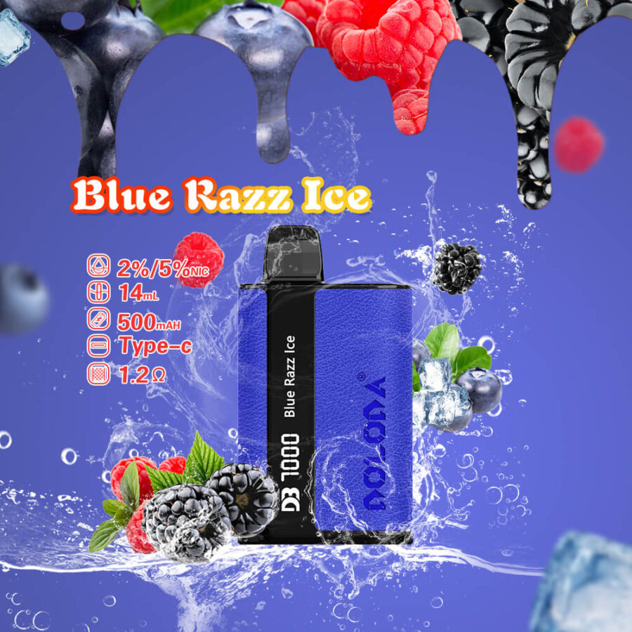 Dispositivo per svapare Blue Razz Ice con finitura testurizzata blu, con specifiche: nicotina 2%/5%, capacità 14 ml, batteria 500 mAh, ricarica Type-C e resistenza 1,2 Ω, circondato da bacche ghiacciate e spruzzi d'acqua.