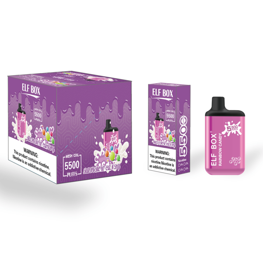 Design del packaging per il prodotto da svapo "Elf Box" Rainbow Candy, caratterizzato da una scatola viola, una confezione più piccola e un dispositivo da svapo rosa con un'etichetta che riporta 5500 boccate e avvertenze sulla nicotina.