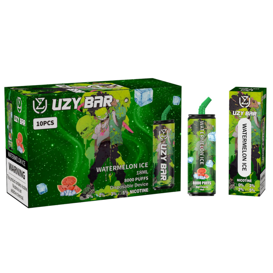 Uzy Bar disposable vape device and packaging featuring a green design with a cartoon character, watermelon ice flavor, 18ml capacity, 8000 puffs, and a nicotine warning prominently displayed.