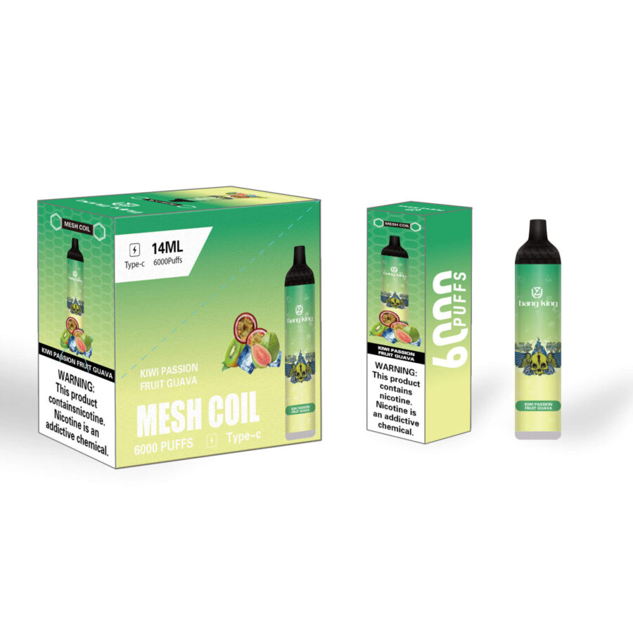 Packaging of a "Bang King Kiwi Passion Fruit Guava" vape device featuring 6000 puffs, 14ml capacity, mesh coil, and Type-C charging, with warnings about nicotine being an addictive chemical.
