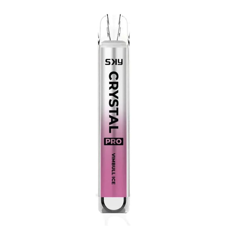 Un elegante dispositivo per svapare Sky Crystal Pro con un design sfumato rosa e argento, etichettato "Vimbull Ice".