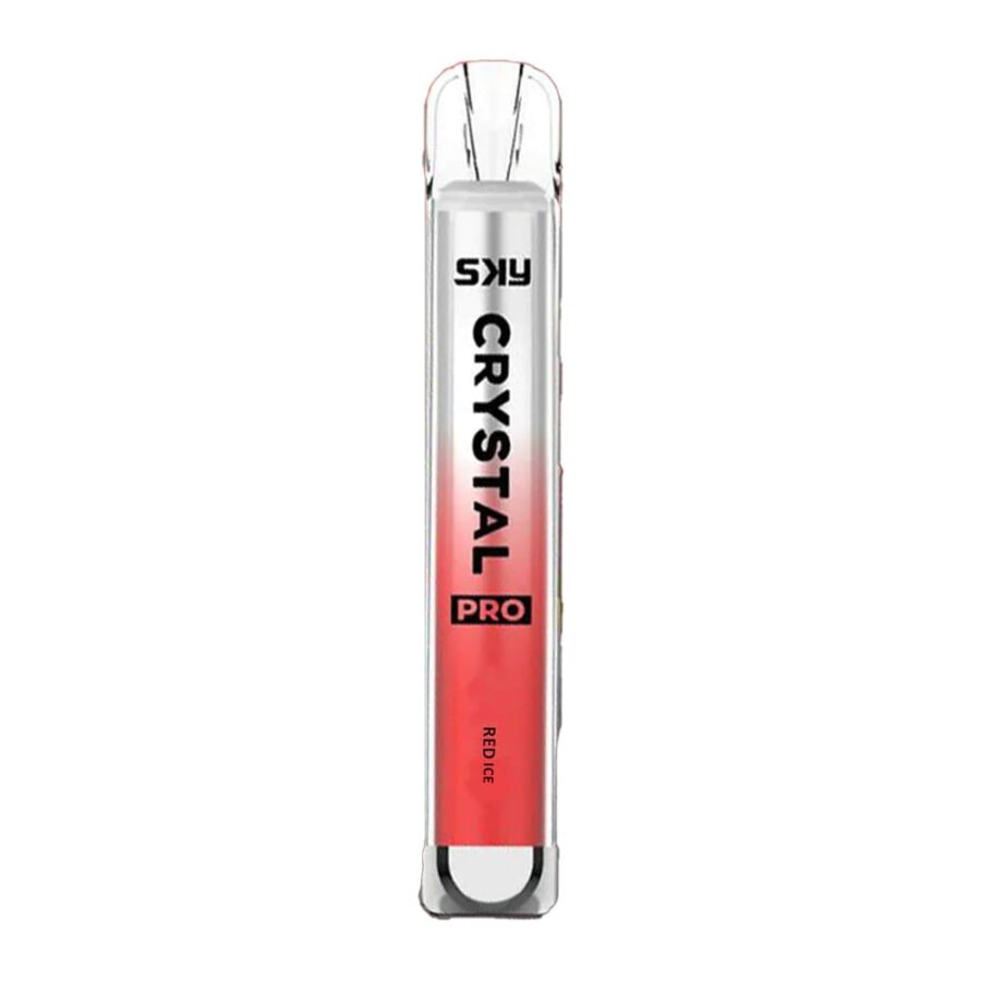 Un elegante dispositivo per svapare Sky Crystal Pro con un design sfumato rosso e argento, etichettato "Red Ice".
