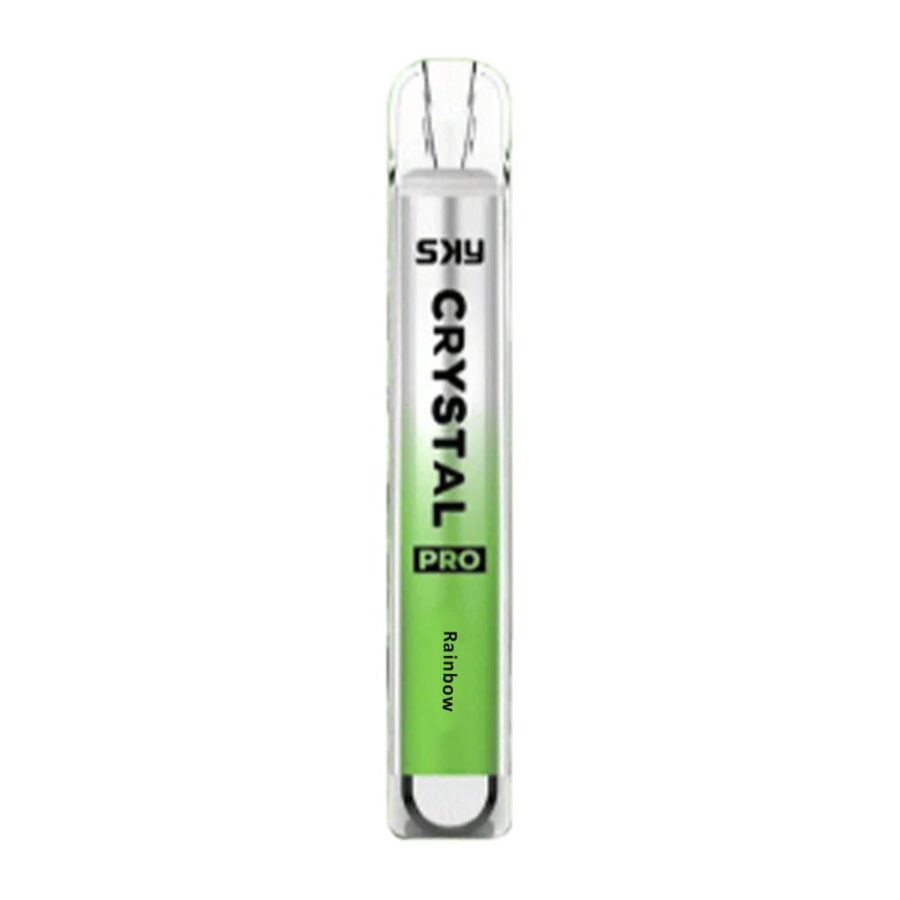 Un dispositivo per svapare trasparente con un design sfumato verde recante le scritte "SKY CRYSTAL PRO" e "Rainbow".