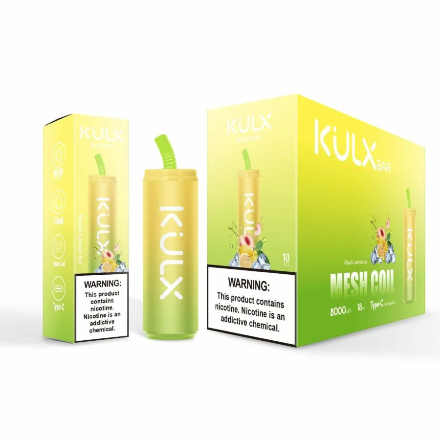 Dispositivo per svapare Kulx Bar e confezione in design sfumato giallo-verde con aroma "Peach Lemon Ice", etichetta "Mesh Coil" e "8000 puffs", con avviso sulla nicotina.