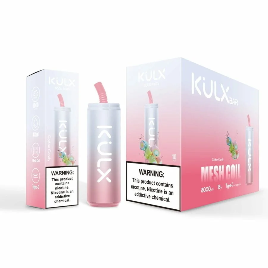 Confezione dello svapo monouso KULX, con design a cilindro, colore sfumato rosa e aroma "Cotton Candy". Include avvertenze sulla nicotina e dettagli come 8000 puff, capacità di 18 ml, bobina a maglie e ricarica Type-C.