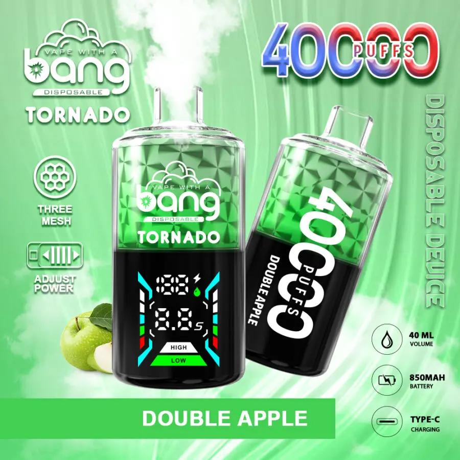 Publicité de produit de vape sur le thème du vert présentant le dispositif jetable Bang Tornado avec " 40 000 bouffées " bien en évidence, mettant en avant des caractéristiques telles que la double saveur de pomme, la puissance réglable, trois bobines en maille, un volume de 40 ml, une batterie de 850 mAh et le chargement Type-C.