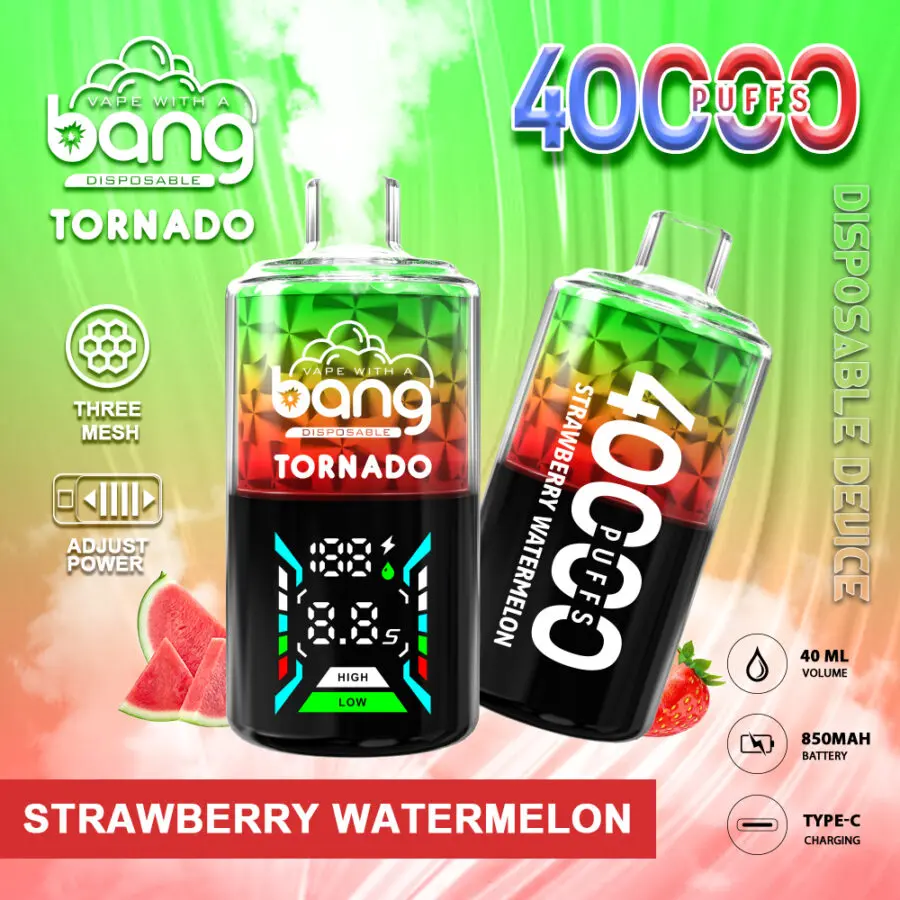 Image promotionnelle de la vape jetable Bang Tornado avec la saveur "Strawberry Watermelon", 40 000 bouffées, une puissance réglable, trois mesh coils, une batterie de 850mAh, un chargement Type-C et une capacité d'e-liquide de 40ml.