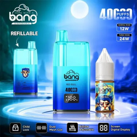 Nachfüllbarer blauer Einwegverdampfer mit 4000 Zügen, Doppelnetzspule, einstellbarer Luftzufuhr, digitaler Bildschirmanzeige und E-Liquid-Flasche mit Red Bull-Geschmack.