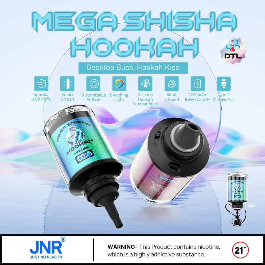 Mega-Shisha-Wasserpfeifengerät mit anpassbarem Luftstrom, Atemlicht, intelligentem Bildschirm, 60 ml E-Liquid-Kapazität, 2200 mAh-Akku, Ladeanschluss Typ C, bietet ungefähr 100.000 Züge und ist mit Shisha-Setups am Schreibtisch kompatibel.