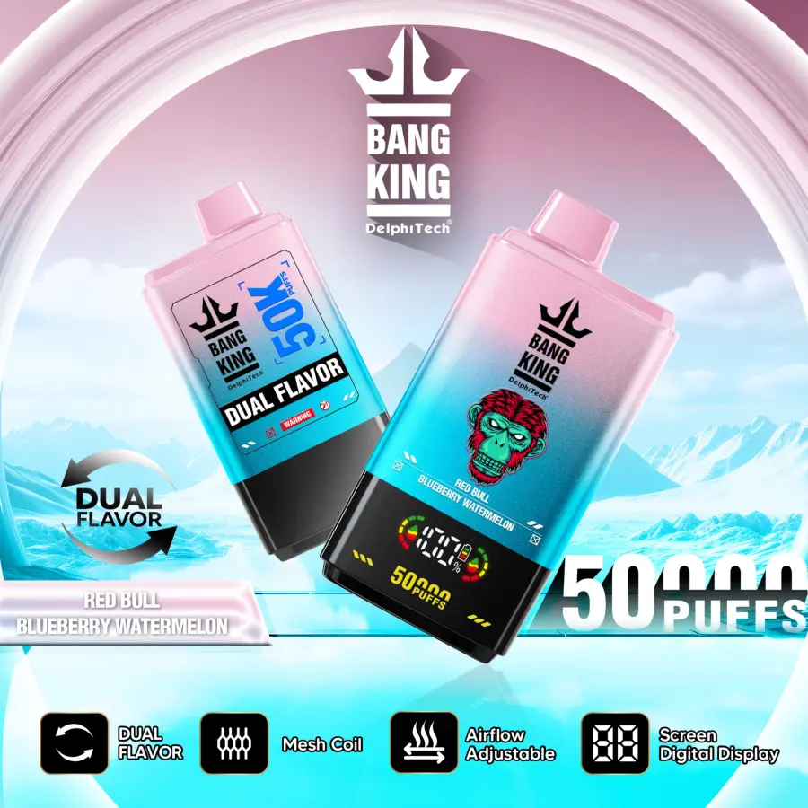 Bang King 50k-Red Bull&Blueberry Watermelon：Nicotine : 0% 2% 3% 5% Puffs : 50000 Capacité : 50 ml Bobine en maille 1,0 ohm Batterie : 850 mah Écran d'affichage numérique : capacité de la batterie/capacité de l'e-liquide Débit d'air réglable 12 saveurs disponibles Type-C Pack : 10 pièces/boîte