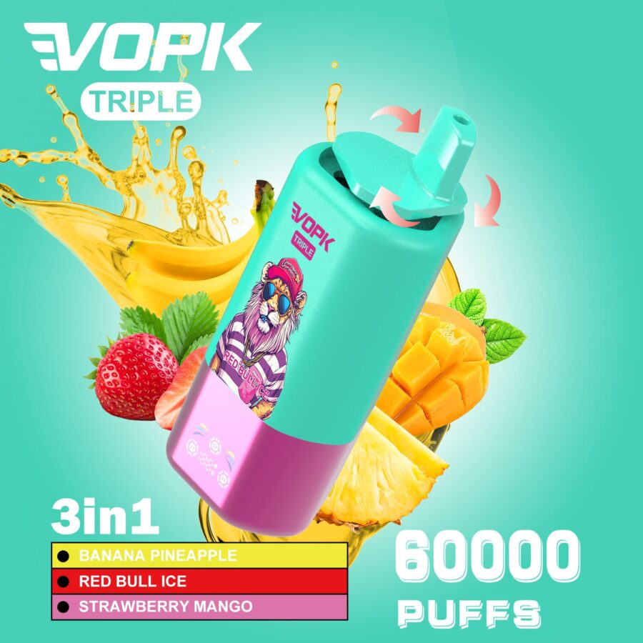 VOPK Triple 60000 puffs vape delivers up to 60,000 puffs with 2% or 5% nicotine, 54mL e-liquid, and a 650mAh Type-C rechargeable battery for extended, powerful vaping.