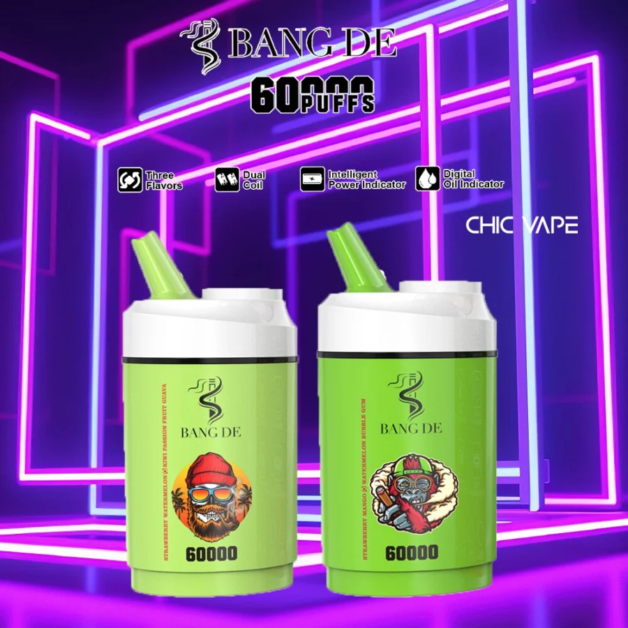 BANG DE 60000 puffs vape offers  3-in-1 flavors, dual coil, adjustable nicotine, 12 flavors, smart display, and Type-C charging for a powerful, long-lasting vape.