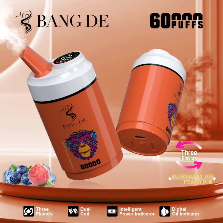 BANG DE 60000 puffs vape offers  3-in-1 flavors, dual coil, adjustable nicotine, 12 flavors, smart display, and Type-C charging for a powerful, long-lasting vape.