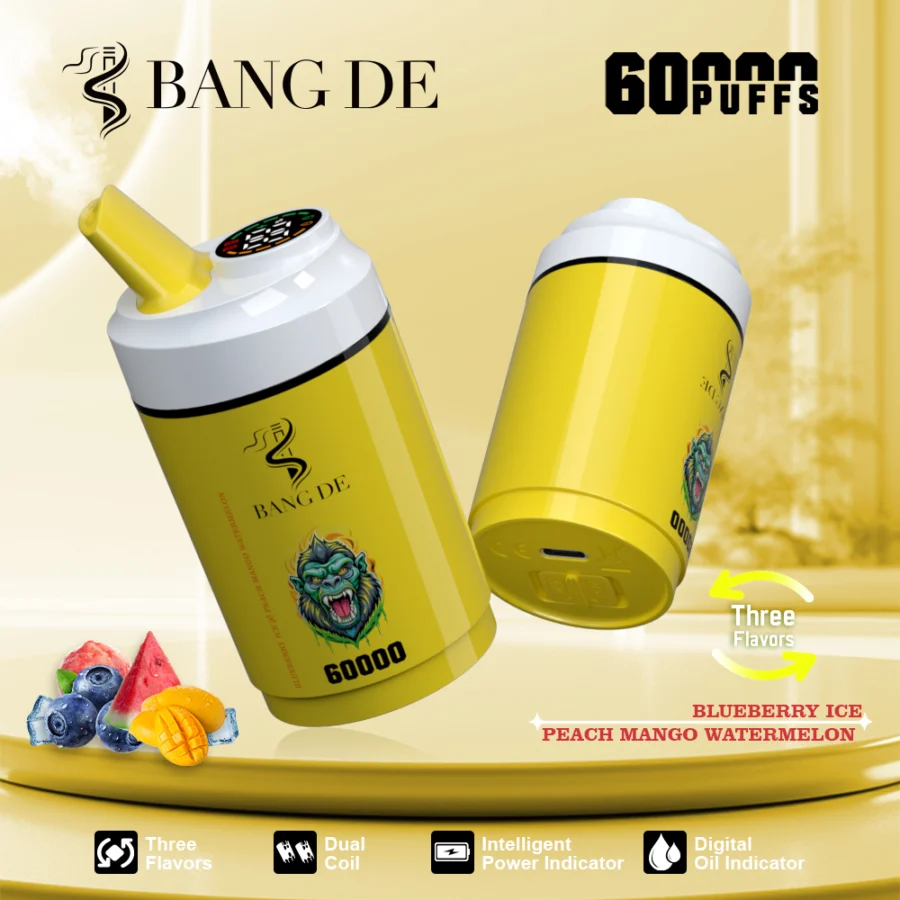 BANG DE 60000 puffs vape offers  3-in-1 flavors, dual coil, adjustable nicotine, 12 flavors, smart display, and Type-C charging for a powerful, long-lasting vape.