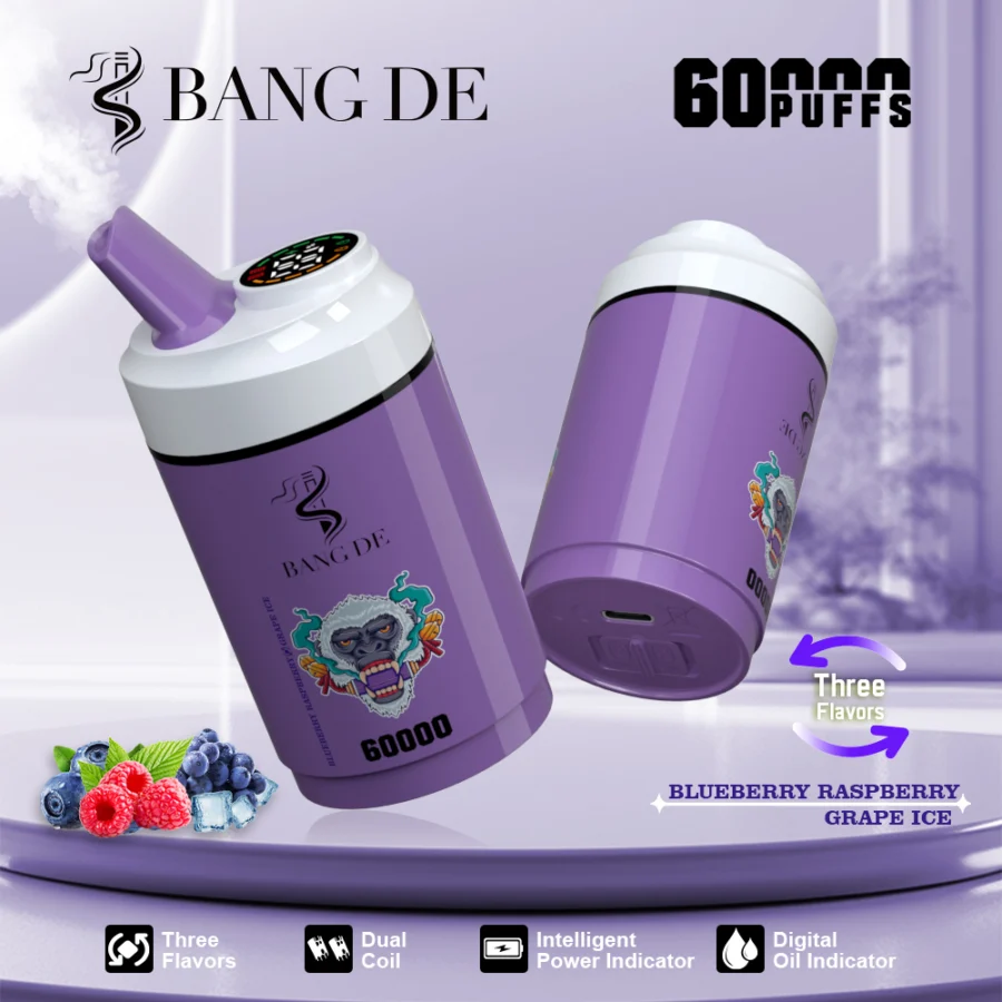 BANG DE 60000 puffs vape offers  3-in-1 flavors, dual coil, adjustable nicotine, 12 flavors, smart display, and Type-C charging for a powerful, long-lasting vape.