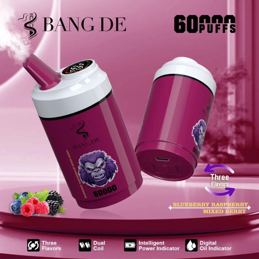 BANG DE 60000 puffs vape offers  3-in-1 flavors, dual coil, adjustable nicotine, 12 flavors, smart display, and Type-C charging for a powerful, long-lasting vape.