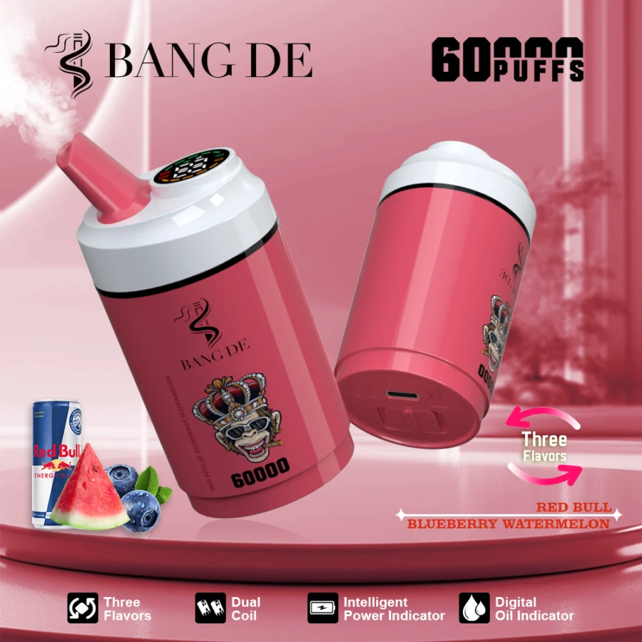 BANG DE 60000 puffs vape offers  3-in-1 flavors, dual coil, adjustable nicotine, 12 flavors, smart display, and Type-C charging for a powerful, long-lasting vape.