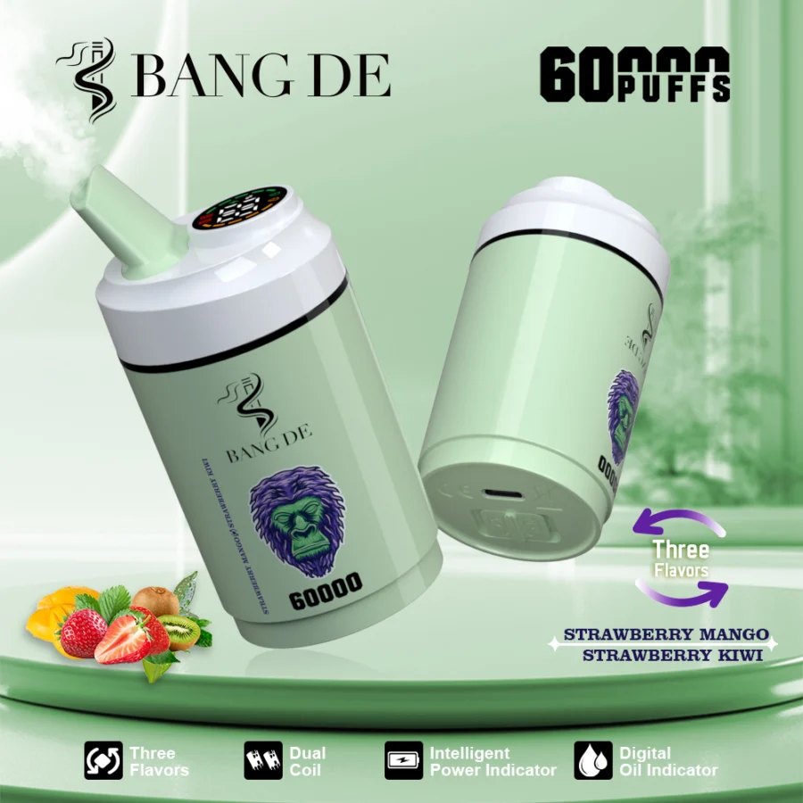 BANG DE 60000 puffs vape offers  3-in-1 flavors, dual coil, adjustable nicotine, 12 flavors, smart display, and Type-C charging for a powerful, long-lasting vape.