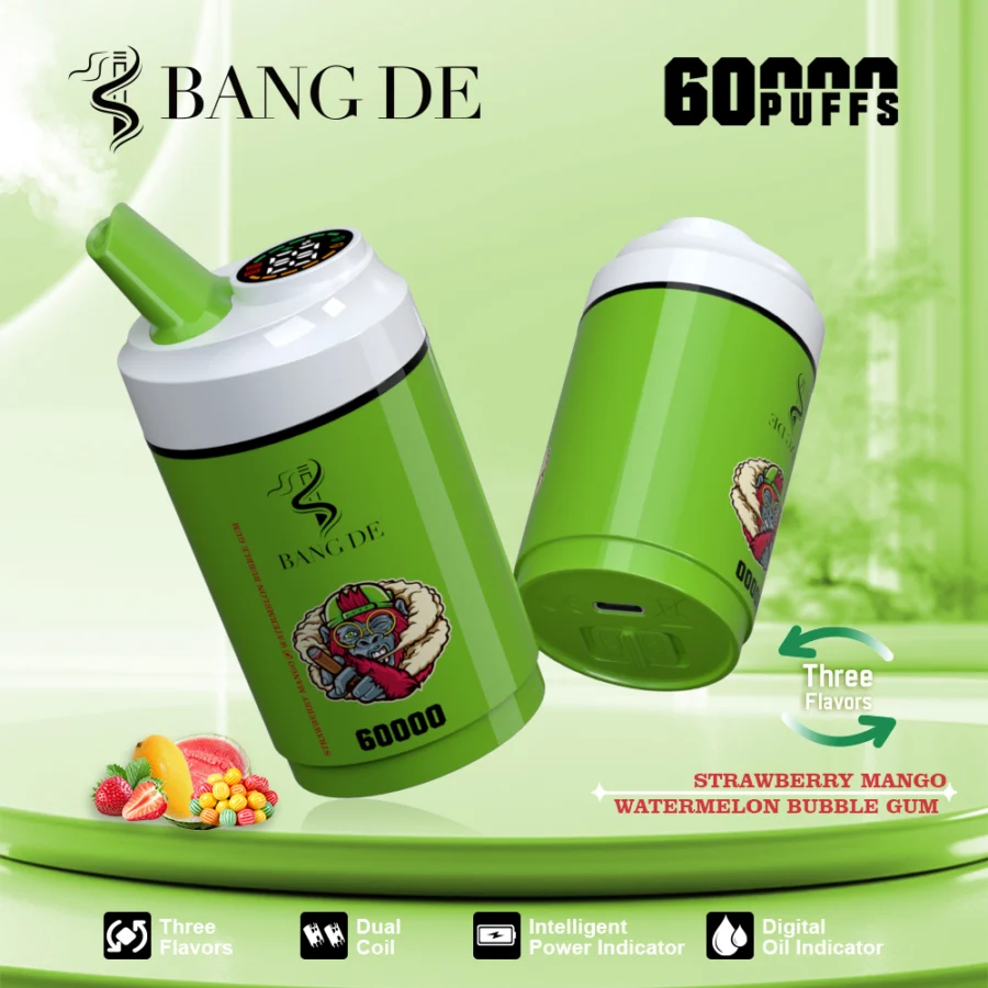 BANG DE 60000 puffs vape offers  3-in-1 flavors, dual coil, adjustable nicotine, 12 flavors, smart display, and Type-C charging for a powerful, long-lasting vape.