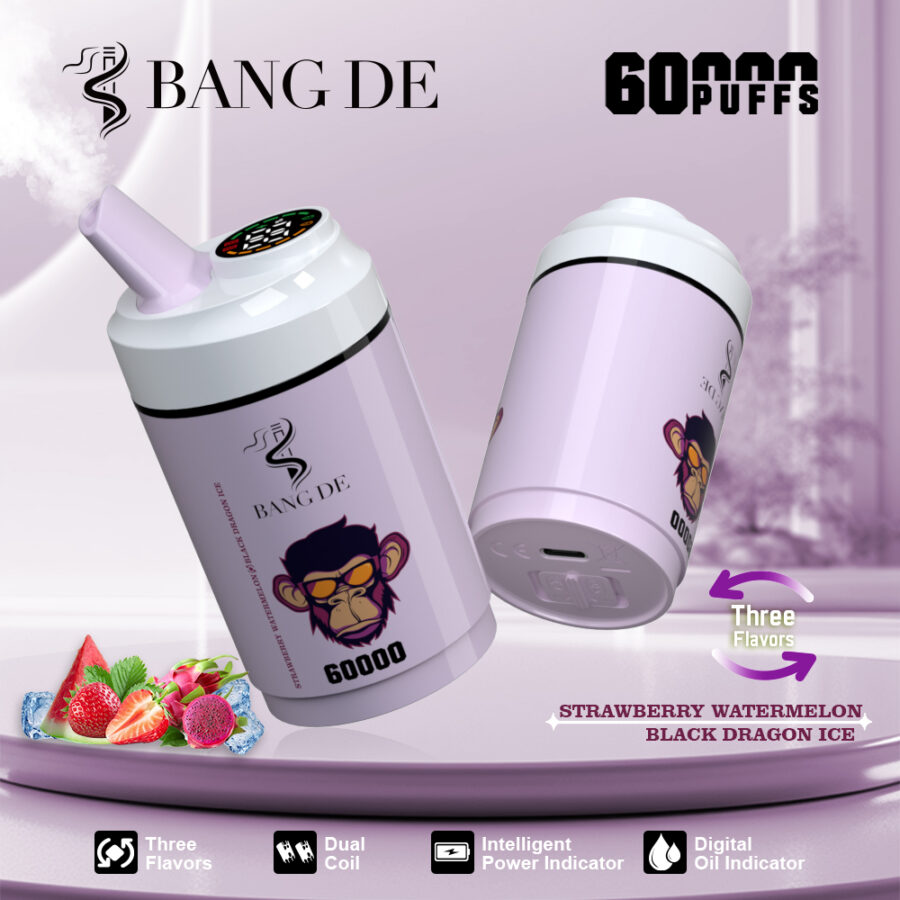 BANG DE 60000 puffs vape offers  3-in-1 flavors, dual coil, adjustable nicotine, 12 flavors, smart display, and Type-C charging for a powerful, long-lasting vape.