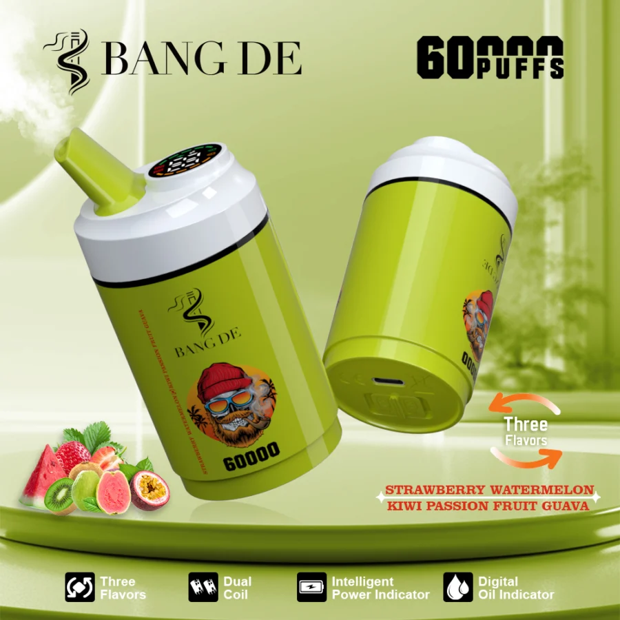 BANG DE 60000 puffs vape offers  3-in-1 flavors, dual coil, adjustable nicotine, 12 flavors, smart display, and Type-C charging for a powerful, long-lasting vape.