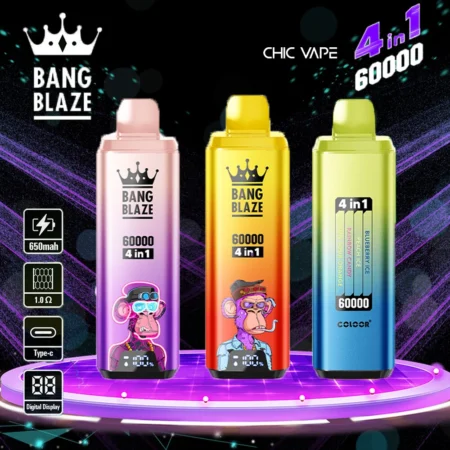 Bang Blaze 60000 Puffs Vape offers 4-in-1 flavors, 60ml e-liquid, adjustable nicotine (0–5%), mesh coil, and a digital screen in a compact, rechargeable device with Type-C charging and 12 premium flavor combinations.