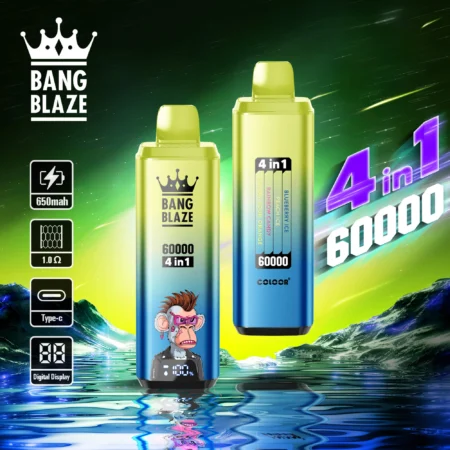 Bang Blaze 60000 Puffs Vape offers 4-in-1 flavors, 60ml e-liquid, adjustable nicotine (0–5%), mesh coil, and a digital screen in a compact, rechargeable device with Type-C charging and 12 premium flavor combinations.