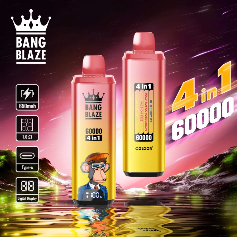 Bang Blaze 60000 Puffs Vape offers 4-in-1 flavors, 60ml e-liquid, adjustable nicotine (0–5%), mesh coil, and a digital screen in a compact, rechargeable device with Type-C charging and 12 premium flavor combinations.