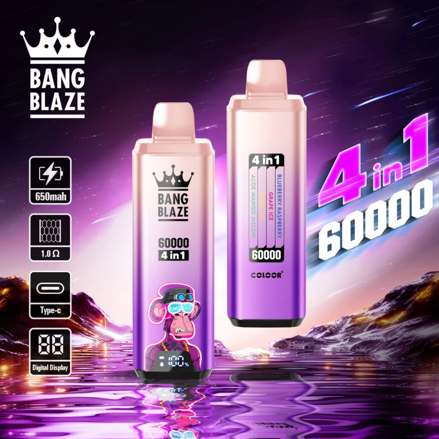 Bang Blaze 60000 Puffs Vape offers 4-in-1 flavors, 60ml e-liquid, adjustable nicotine (0–5%), mesh coil, and a digital screen in a compact, rechargeable device with Type-C charging and 12 premium flavor combinations.