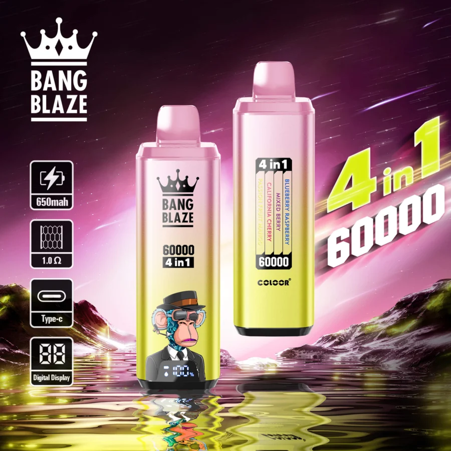 Bang Blaze 60000 Puffs Vape offers 4-in-1 flavors, 60ml e-liquid, adjustable nicotine (0–5%), mesh coil, and a digital screen in a compact, rechargeable device with Type-C charging and 12 premium flavor combinations.