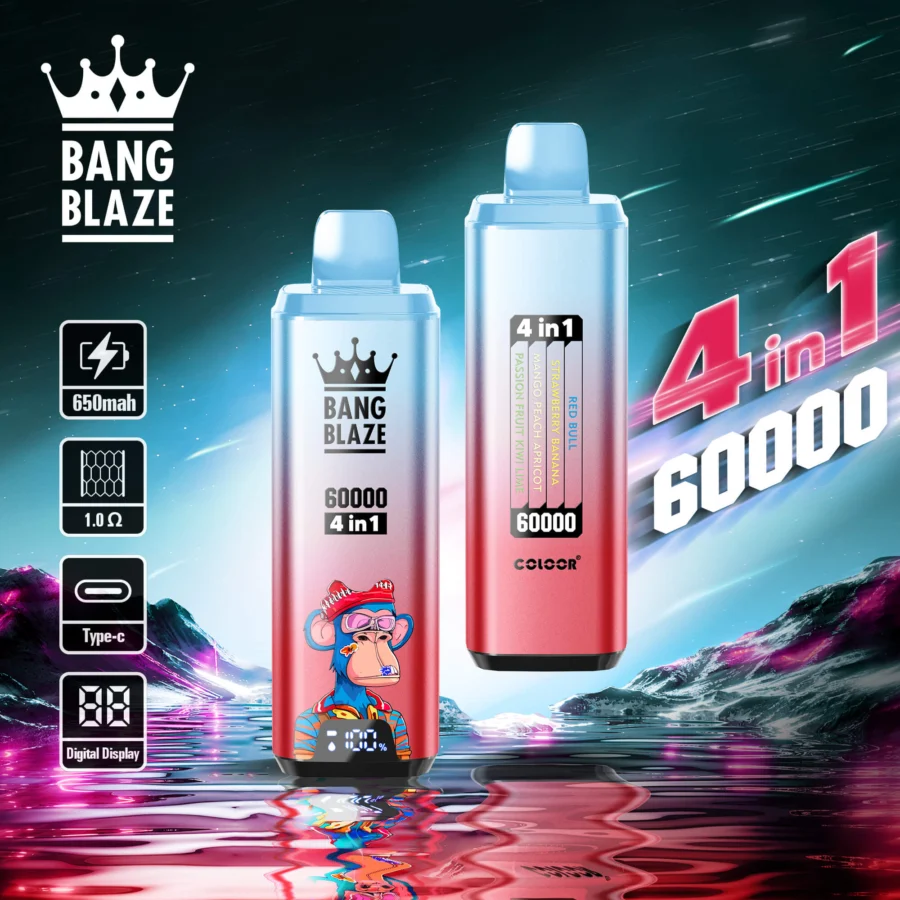 Bang Blaze 60000 Puffs Vape offers 4-in-1 flavors, 60ml e-liquid, adjustable nicotine (0–5%), mesh coil, and a digital screen in a compact, rechargeable device with Type-C charging and 12 premium flavor combinations.