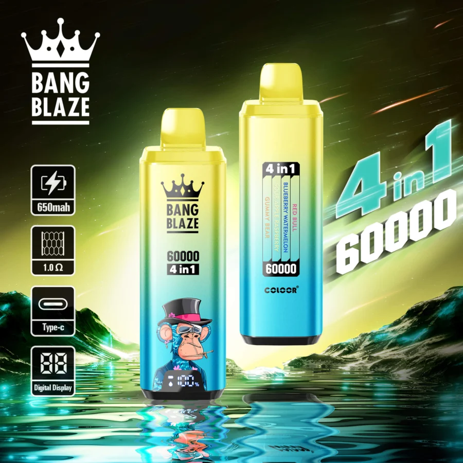 Bang Blaze 60000 Puffs Vape offers 4-in-1 flavors, 60ml e-liquid, adjustable nicotine (0–5%), mesh coil, and a digital screen in a compact, rechargeable device with Type-C charging and 12 premium flavor combinations.