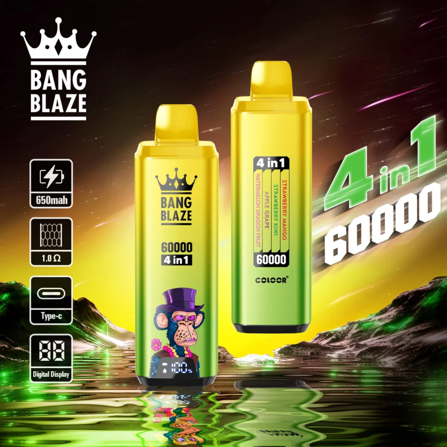 Bang Blaze 60000 Puffs Vape offers 4-in-1 flavors, 60ml e-liquid, adjustable nicotine (0–5%), mesh coil, and a digital screen in a compact, rechargeable device with Type-C charging and 12 premium flavor combinations.