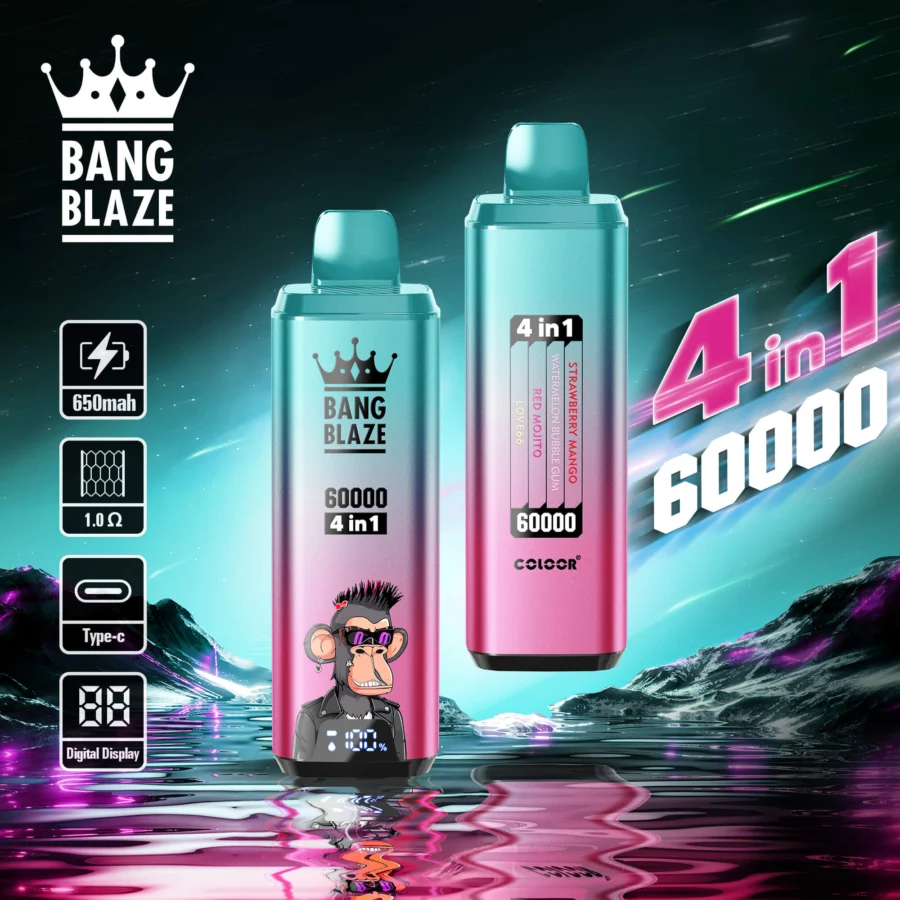 Bang Blaze 60000 Puffs Vape offers 4-in-1 flavors, 60ml e-liquid, adjustable nicotine (0–5%), mesh coil, and a digital screen in a compact, rechargeable device with Type-C charging and 12 premium flavor combinations.