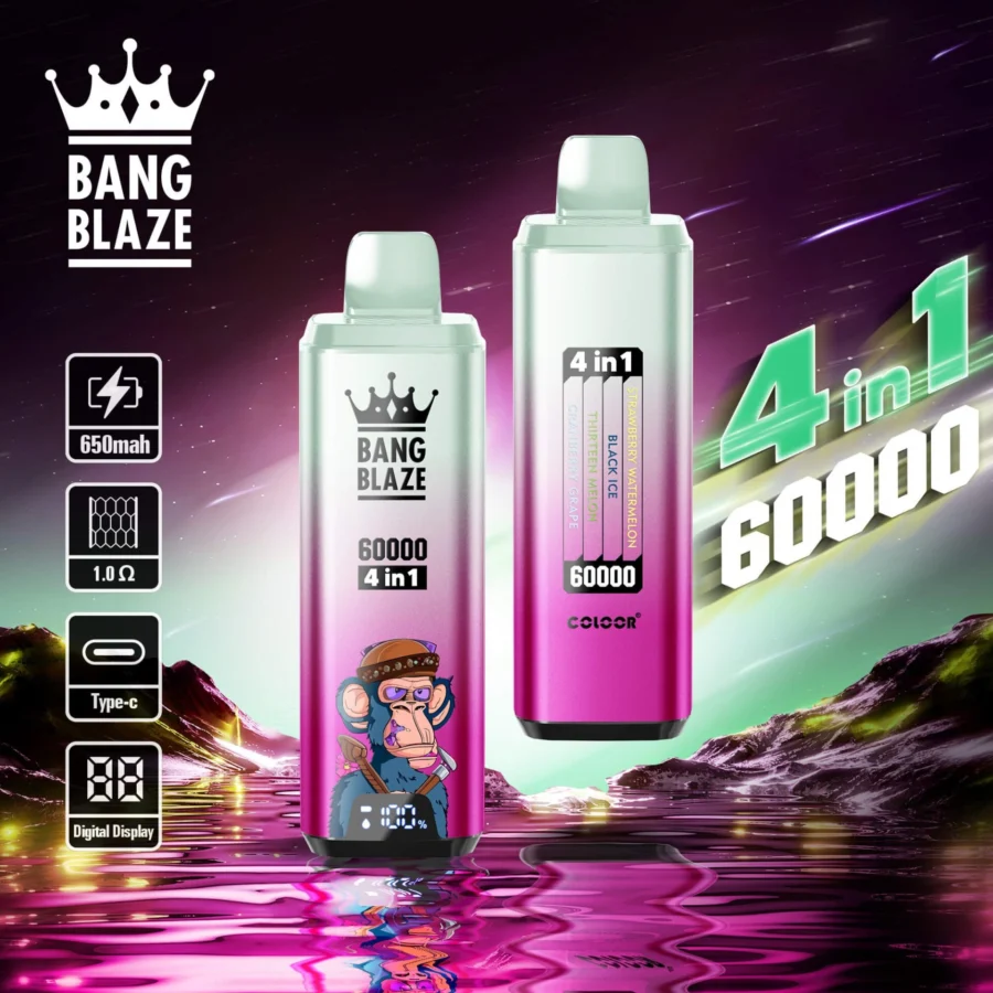 Bang Blaze 60000 Puffs Vape offers 4-in-1 flavors, 60ml e-liquid, adjustable nicotine (0–5%), mesh coil, and a digital screen in a compact, rechargeable device with Type-C charging and 12 premium flavor combinations.