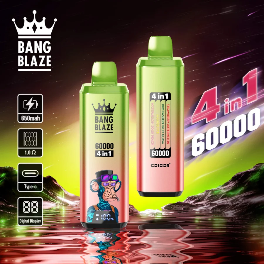Bang Blaze 60000 Puffs Vape offers 4-in-1 flavors, 60ml e-liquid, adjustable nicotine (0–5%), mesh coil, and a digital screen in a compact, rechargeable device with Type-C charging and 12 premium flavor combinations.