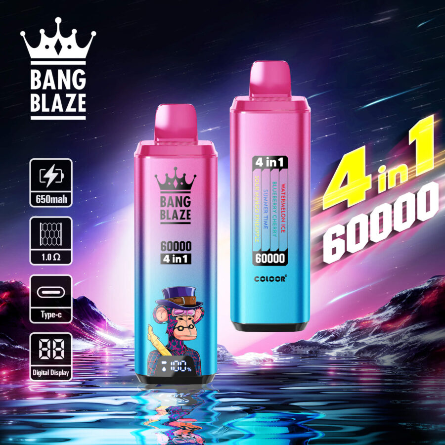 Bang Blaze 60000 Puffs Vape offers 4-in-1 flavors, 60ml e-liquid, adjustable nicotine (0–5%), mesh coil, and a digital screen in a compact, rechargeable device with Type-C charging and 12 premium flavor combinations.